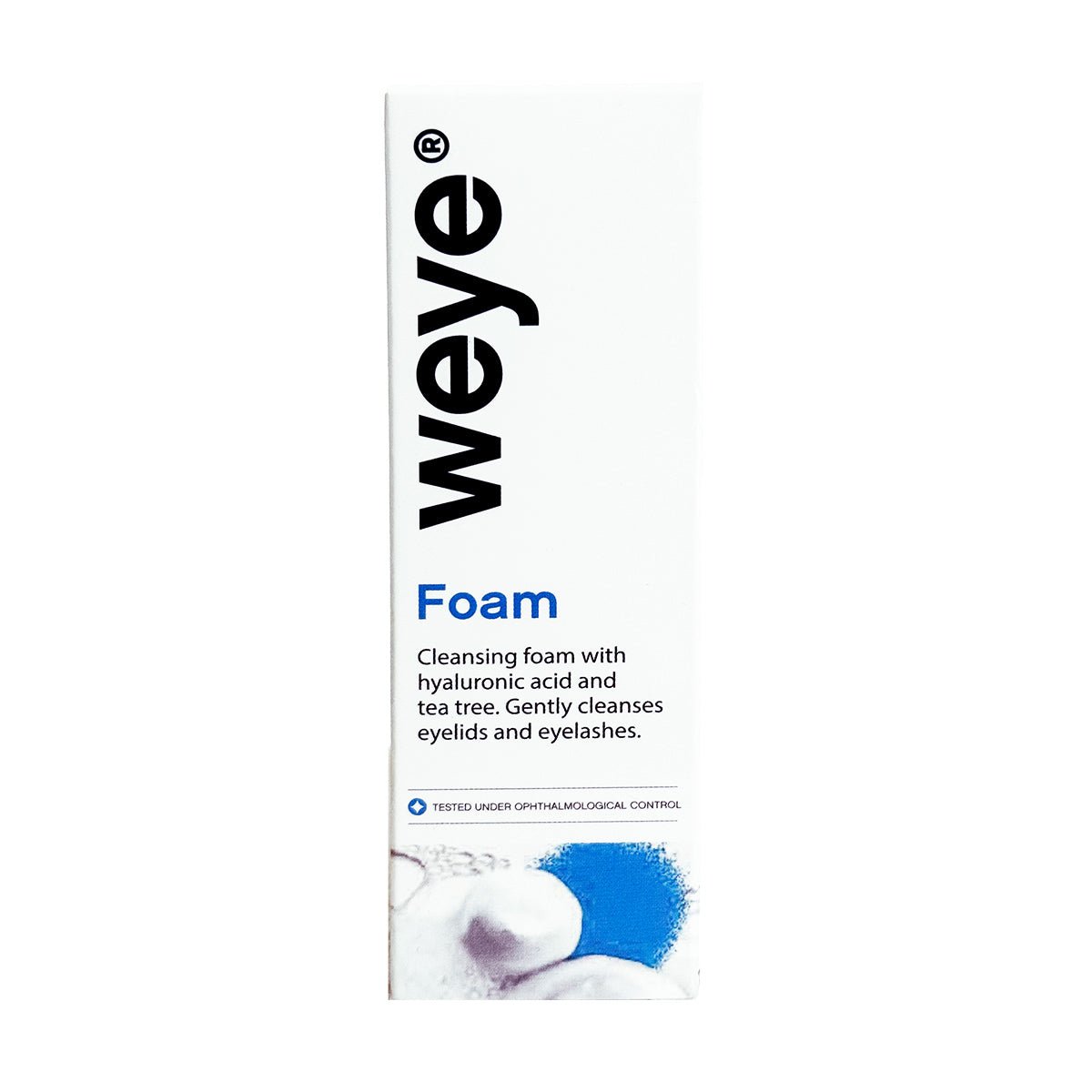 The white bottle labeled Weye Foam is a gentle eyelid and lash cleanser featuring hyaluronic acid, tea tree, chamomile, and calendula for sensitive skin. Its ideal for dry eyes, blepharitis, and rosacea with an illustrated foam bubble graphic at the bottom.