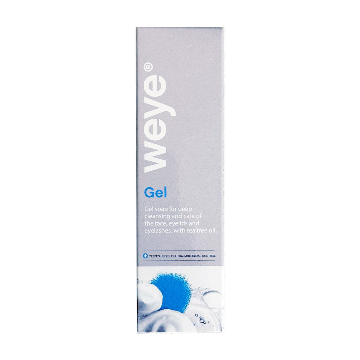 The tall rectangular box of Weye Gel, perfect for eyelid hygiene, is designed for deep cleansing sensitive skin, including face and eyelashes. It features gray and white packaging with a blue accent and is infused with chamomile, tea tree oil, calendula, and rosehip extracts (100mL).