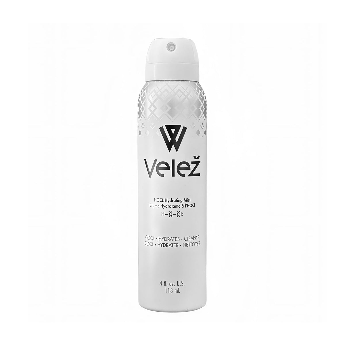 A white 4 fl. oz. spray of Velez Hypochlorous (HOCL) Hydrating Mist for Face and Eyelids features a top geometric pattern, Bag-on-Valve Technology, and a label with the logo, name, and benefits—cooling, hydrating, cleansing—in English and French.