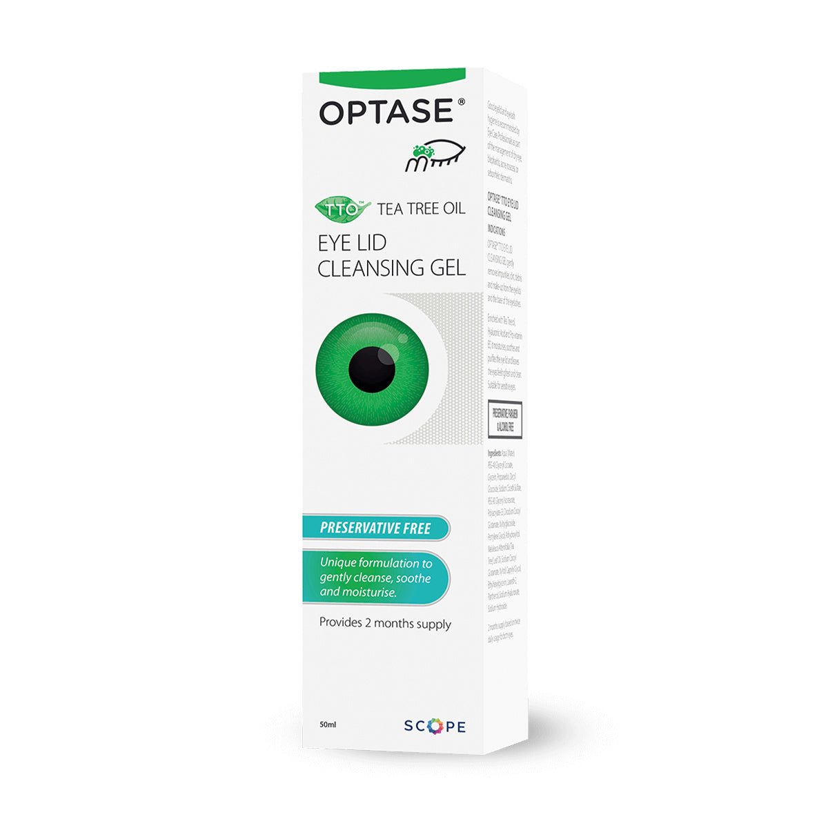 The image shows a 50mL box of Optase Tea Tree Oil Eyelid Cleansing Gel, highlighting its preservative-free formula for eyelid hygiene. The packaging is white with green accents and an eye illustration, promising a two-month supply.