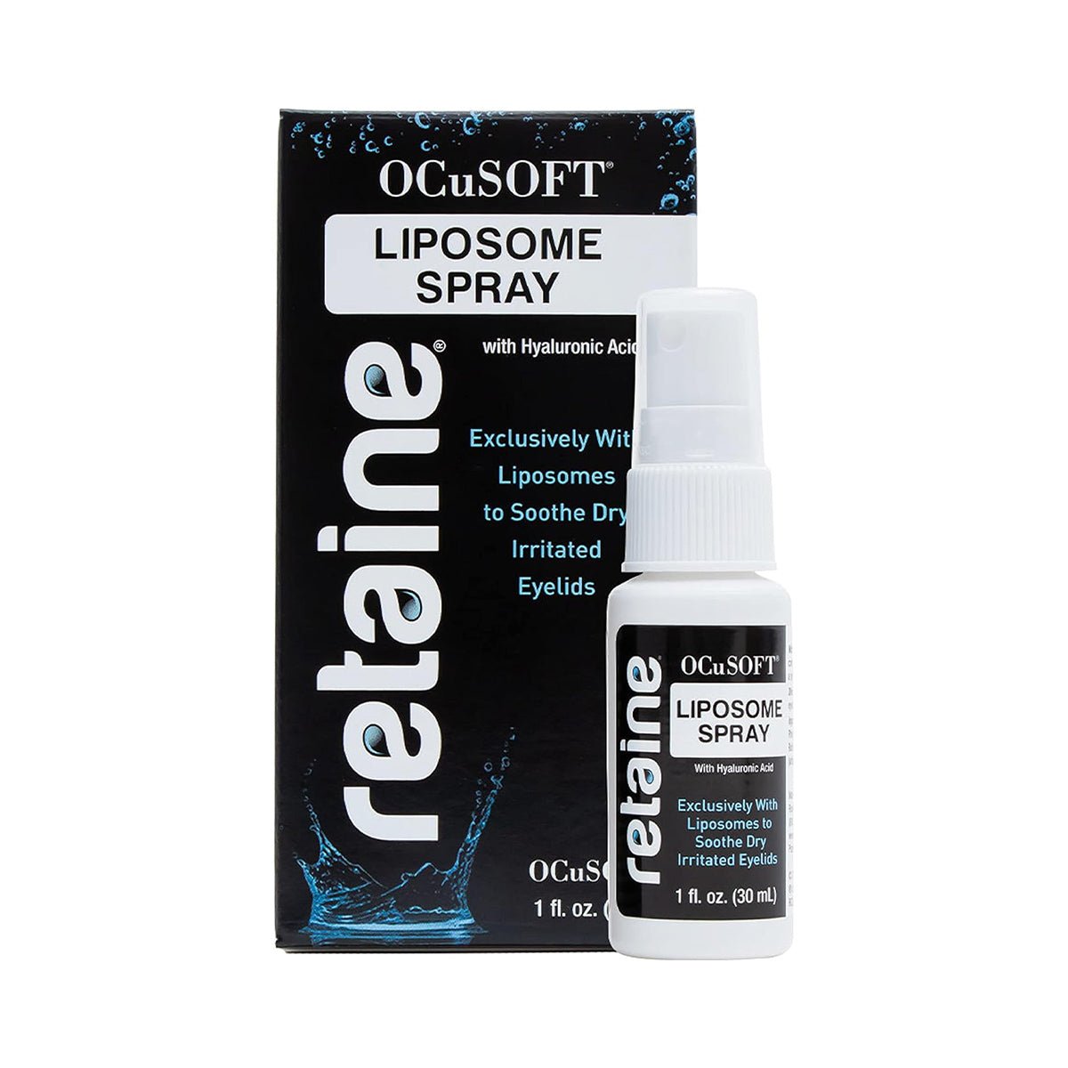 An image displays a 1 fl. oz. bottle of OCuSOFT Retaine Liposome Spray, utilizing Liposome Technology for eyelid hydration. The white bottle with a spray nozzle is next to its black and blue box labeled Exclusively With Liposomes to Soothe Dry, Irritated Eyelids.