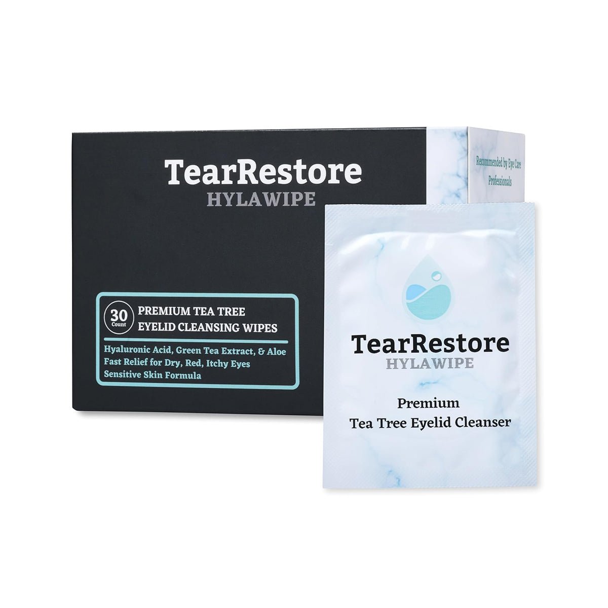 TearRestore HylaWipe Tea Tree Lid Hygiene Wipes (30ct) feature premium tea tree oil, hyaluronic acid, green tea extract, and aloe to soothe dry, red, itchy eyes. The packaging is black and white with blue accents.