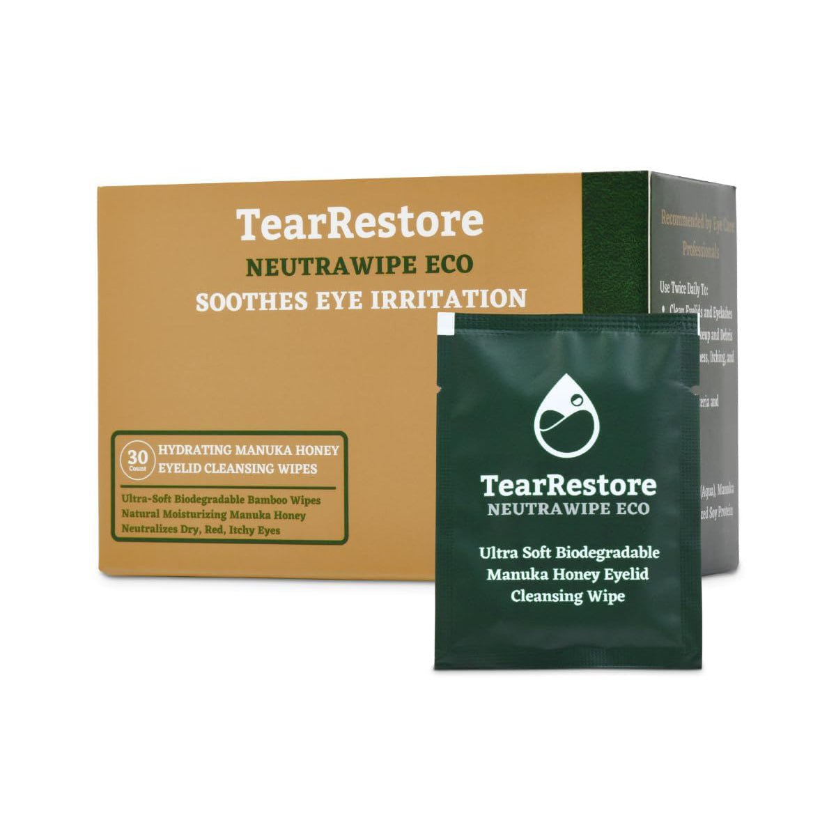 The TearRestore NeutraWipe Eco pack contains 30 hydrating eyelid cleansing wipes with Manuka honey for sensitive eyes. The ultra-soft, biodegradable bamboo wipes and eco-friendly packaging help soothe irritation.