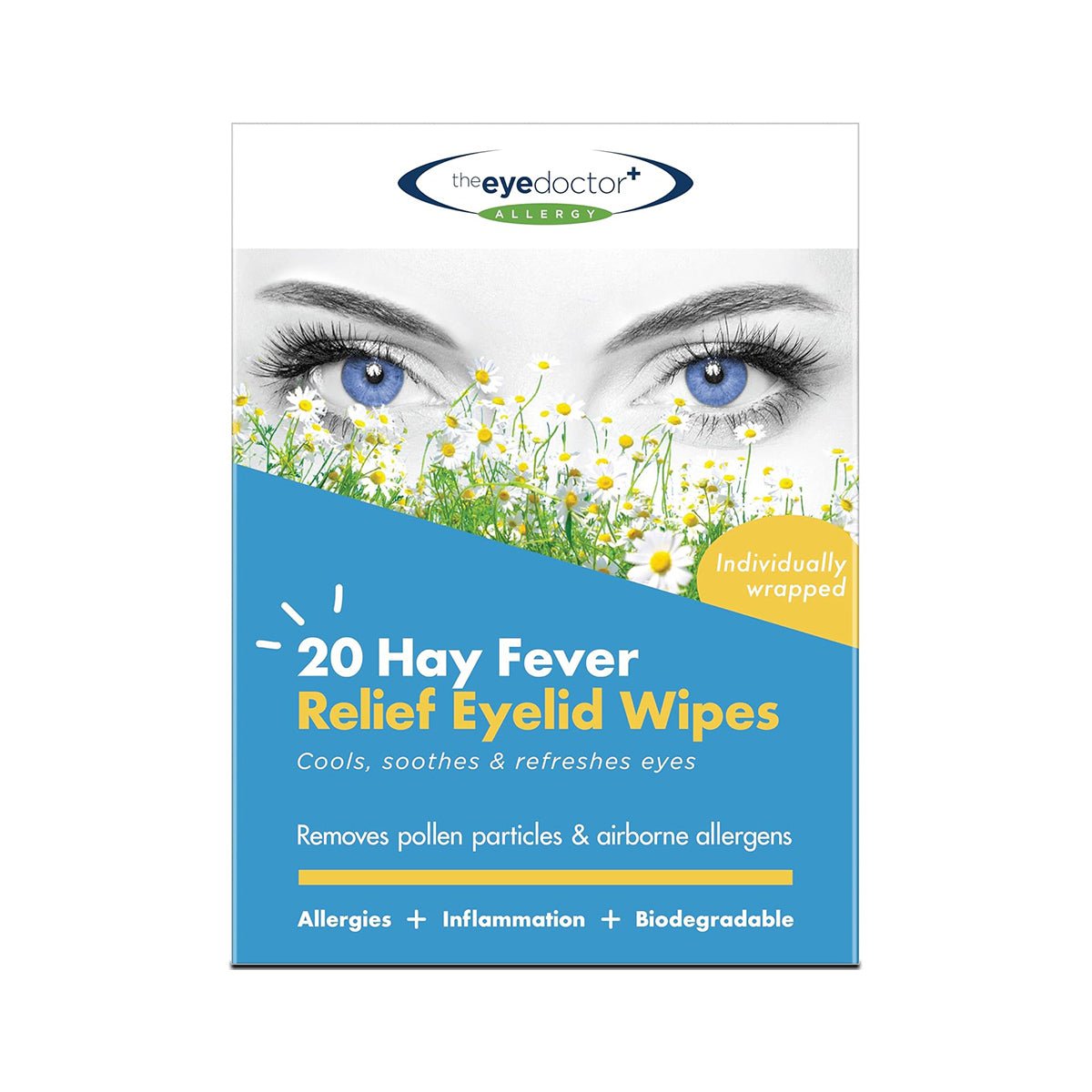 The image shows a package of The Eye Doctor Allergy/Hay Fever Relief Eyelid Wipes (20ct). These biodegradable wipes are ideal for sensitive eyes, cooling, soothing, and refreshing while effectively removing pollen and allergens to provide allergy relief.