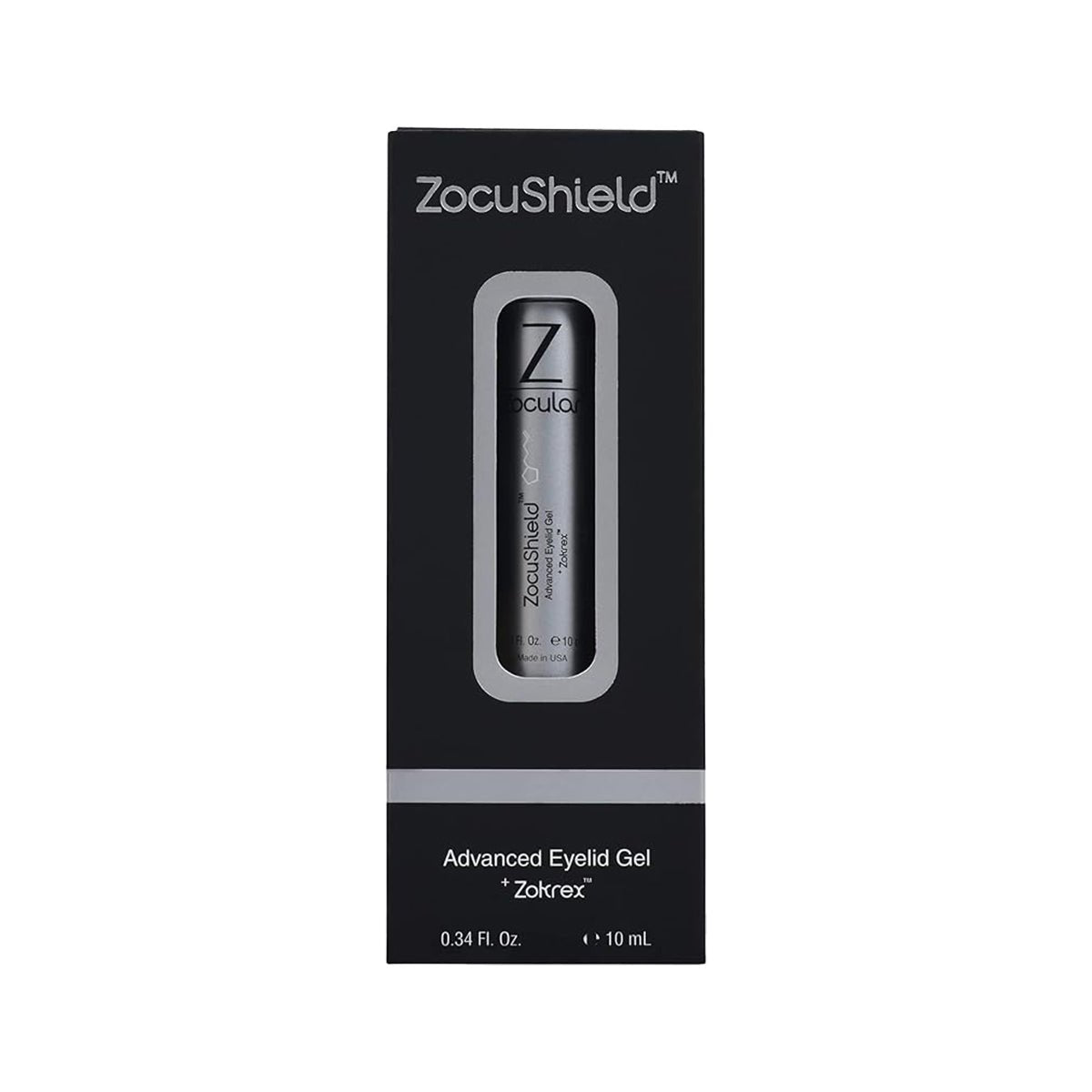 Box with a tube of ZocuShield Gel Eyelid Cleanser by Zocular (100+ applications, 0.34 fl oz). Contains an okra-based rejuvenating complex. The box is mainly black and has a clear window displaying the product within.