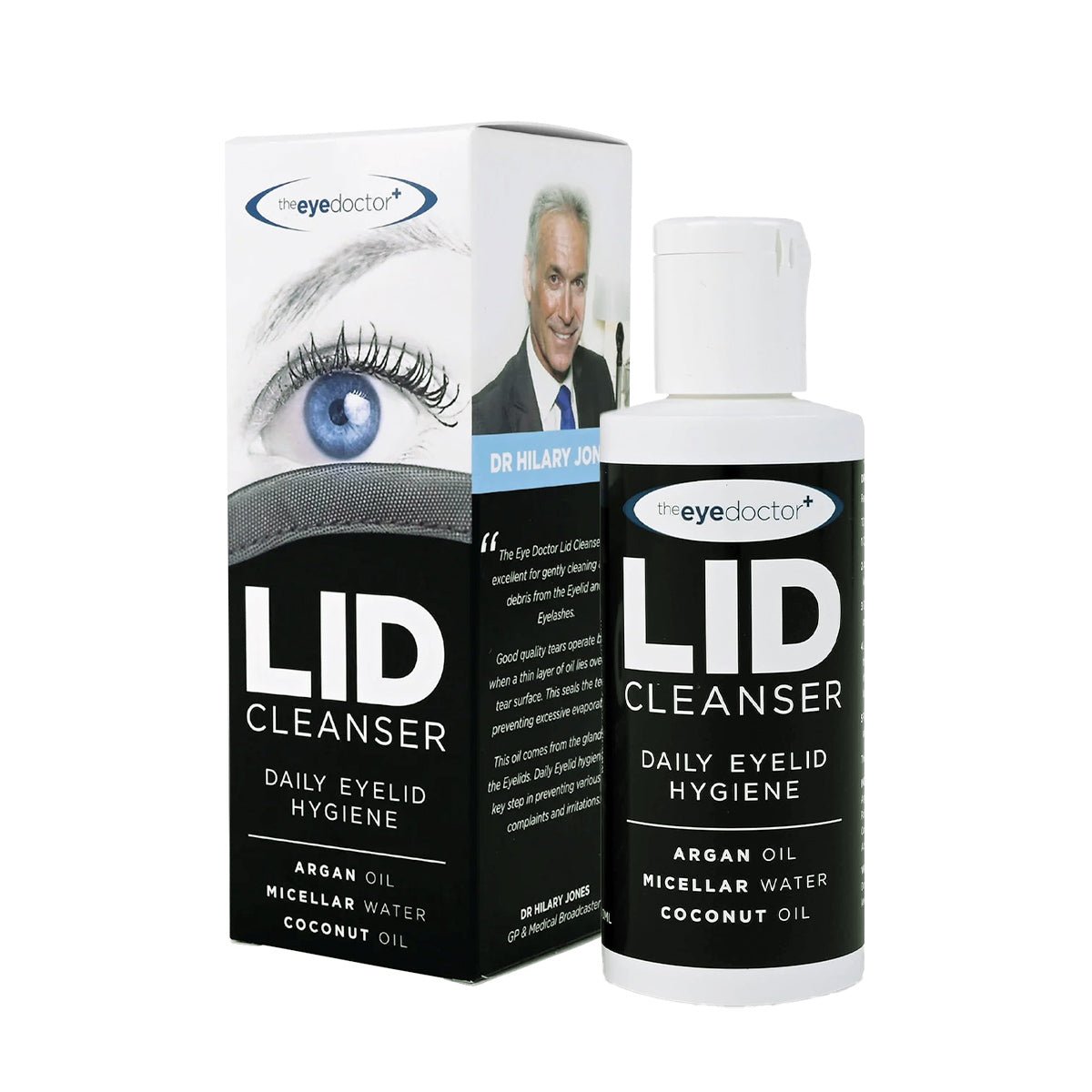 The Eye Doctor Lid Cleanser – Make Up Remover 100ml is ideal for daily eyelid hygiene and sensitive eyes. The packaging is black, white, and blue with a partial eye image and smiling face. It features argan oil, micellar water, and coconut oil as key ingredients.