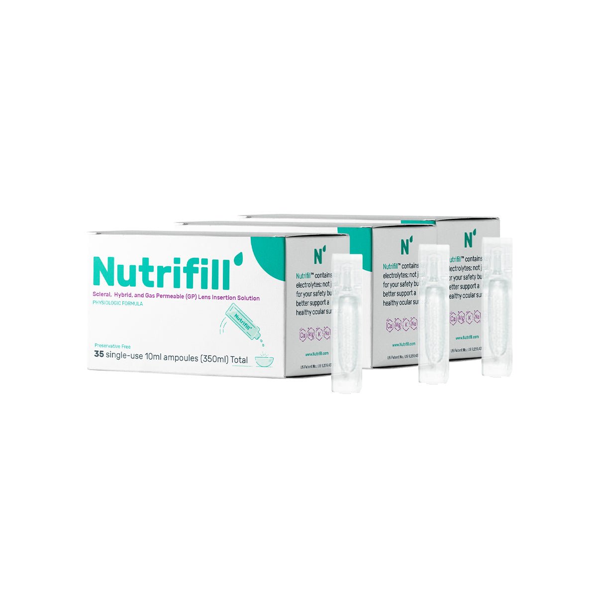 The Contamac “Nutrifill 3-Pack Bundle” includes preservative-free saline for scleral, hybrid, and gas permeable lenses and comes with three single-use ampoules. The white and green packaging highlights its branding.