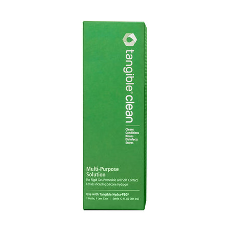 This green rectangular box contains Tangible Clean Multi-Purpose Solution for contact lenses, including Hydra-PEG compatible ones. It cleans, conditions, rinses, disinfects, and stores as per instructions. Size: 3.7 fl. oz. (105 ml). Brand: Tangible.