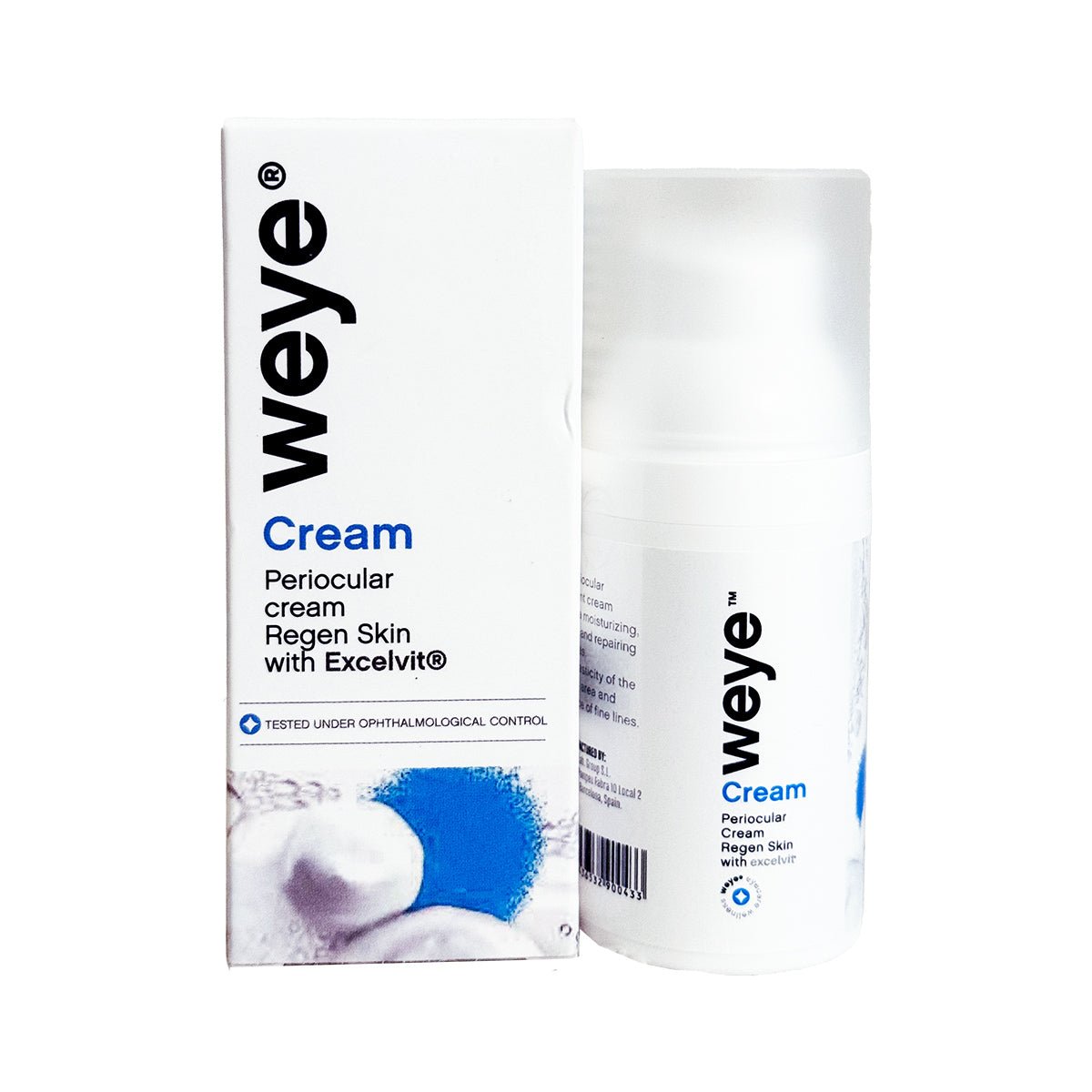 A product image showing a white box and bottle of Weye Regenerating Eye Cream with Excelvit®, highlighting ophthalmological testing. The design is clean and minimalistic, perfect for soothing dry eyes and conditions like blepharitis and ocular rosacea, enriched with Vitamin E, C, and olive oil.