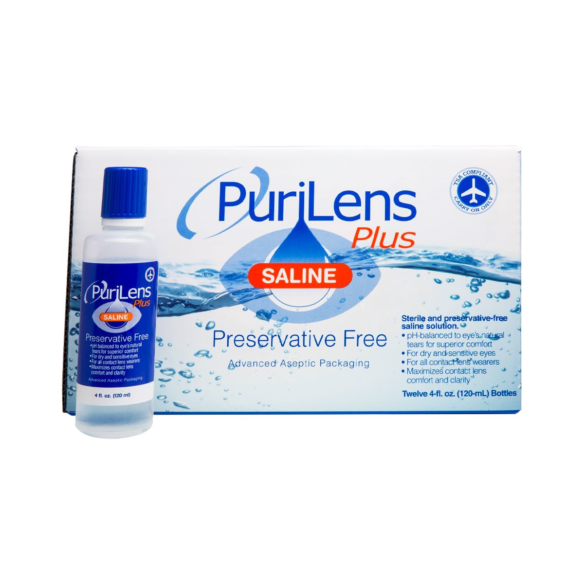 PuriLens Plus Preservative Free Saline, by Purilens, showcases a water splash design on the packaging and comes in a compact bottle suitable for sensitive eyes and contact lenses. The text highlights its preservative-free nature and advanced aseptic packaging.