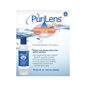 The PuriLens Plus Preservative Free Saline packaging features an image of a bottle with a blue cap and label. Designed by Purilens for contact lenses, the sterile, pH-balanced solution is ideal for sensitive eyes, providing relief and comfort.