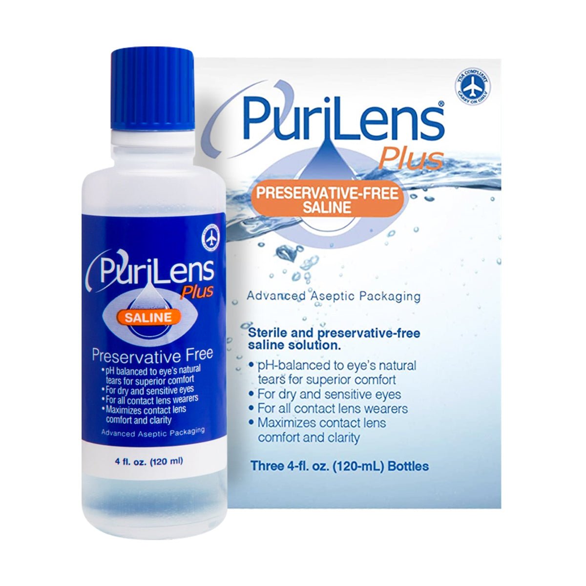 Image of a PuriLens Plus Preservative-Free Saline bottle and its packaging by Purilens, ideal for sensitive eyes. Both highlight pH balance and comfort for soft and RGP lenses. The bottle contains 4 fl. oz. (120 ml) of solution, catering to gentle eye care needs.