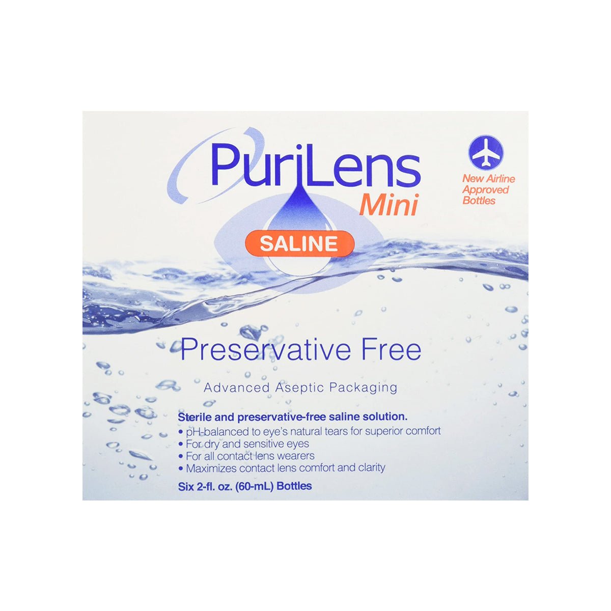 The PuriLens Plus Preservative Free Saline, from the Purilens brand, is ideal for sensitive eyes. The package features a large water droplet design and indicates Preservative Free and Sterile. It includes six 2 fl. oz. (60 mL) bottles suitable for contact lenses.