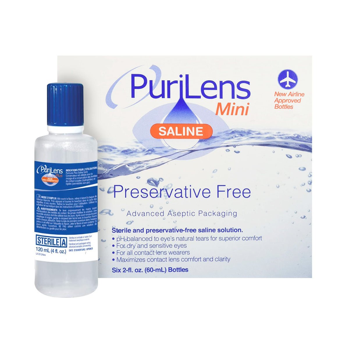 Image of the PuriLens Plus Preservative Free Saline by Purilens. Ideal for sensitive eyes, its preservative-free, sterile formula suits all contact lens users. The airline-approved 120 mL bottle offers comfort and convenience for your travels.