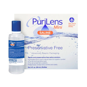 Image of the PuriLens Plus Preservative Free Saline by Purilens. Ideal for sensitive eyes, its preservative-free, sterile formula suits all contact lens users. The airline-approved 120 mL bottle offers comfort and convenience for your travels.