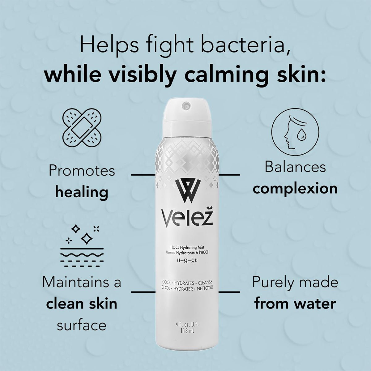 Introducing the Velez Hypochlorous (HOCL) Hydrating Mist for Face and Eyelids, a 4 oz spray with Bag-on-Valve Technology that combats bacteria, soothes skin, supports healing, and balances your complexion with its water-based formula in a sleek white bottle.