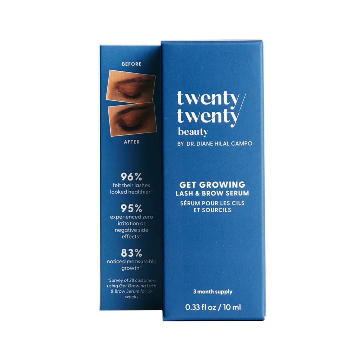 A blue box of Twenty Twentys Get Growing Lash & Brow Enhancing Serum (10ml) displays impressive before-and-after photos, highlights positive survey results for lash and brow health and growth, and features nourishing castor oil.