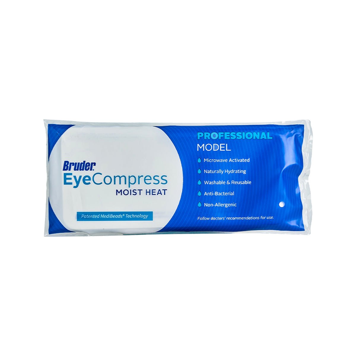 The Bruder Mask Moist Heat Dry Eye Compress features blue and white packaging, highlighting microwave activation, natural hydration, washability, and reusability. Its perfect for treating blepharitis and dry eyes relief, offering antibacterial properties and being non-allergenic.