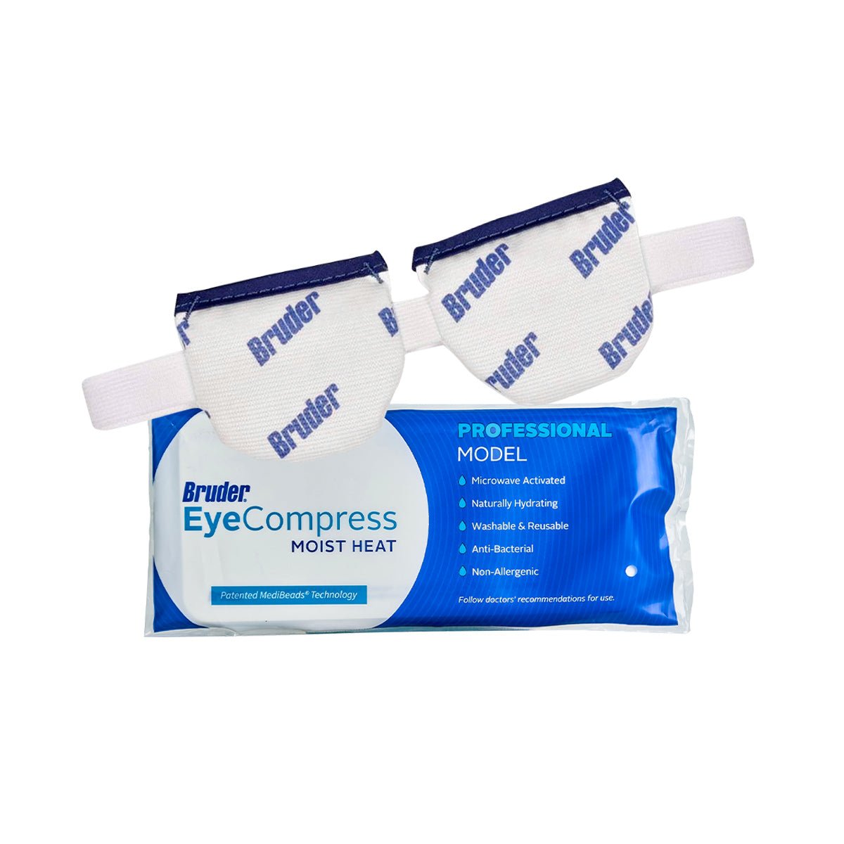 Two microwavable Bruder eye compresses, featuring blue text on a white background and elastic straps, are shown above the Bruder Mask Moist Heat Dry Eye Compress packaging, ideal for relief from dry eyes and blepharitis.