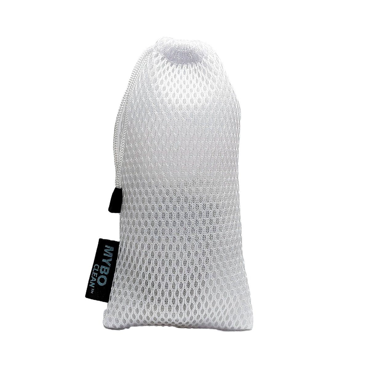 A compact, white mesh drawstring bag with a black OKAM tag from the MyboClean On the Go Brush set stands vertically against a plain white background, perfect for storing your cleansing brush or eyelid hygiene items.