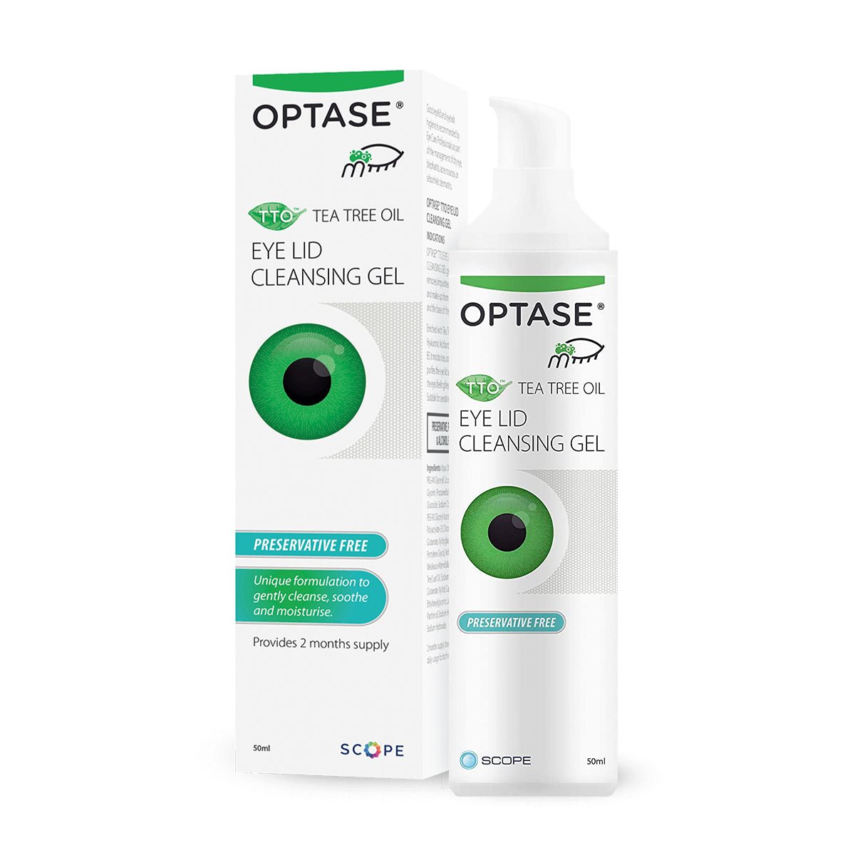 Optase Tea Tree Oil Eye Lid Cleansing Gel features a green eye graphic on its box and bottle. This preservative-free 50mL formula offers a two-month eyelid hygiene supply, ideal for sensitive eyes.