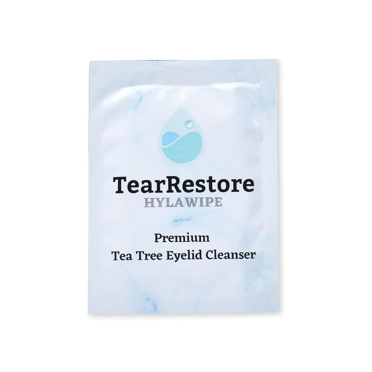 A white packet labeled TearRestore HylaWipe Tea Tree Lid Hygiene Wipes (30ct) features a water droplet and leaf logo. The text says Premium Tea Tree Oil Eyelid Cleanser with Hyaluronic Acid on a light marbled background.