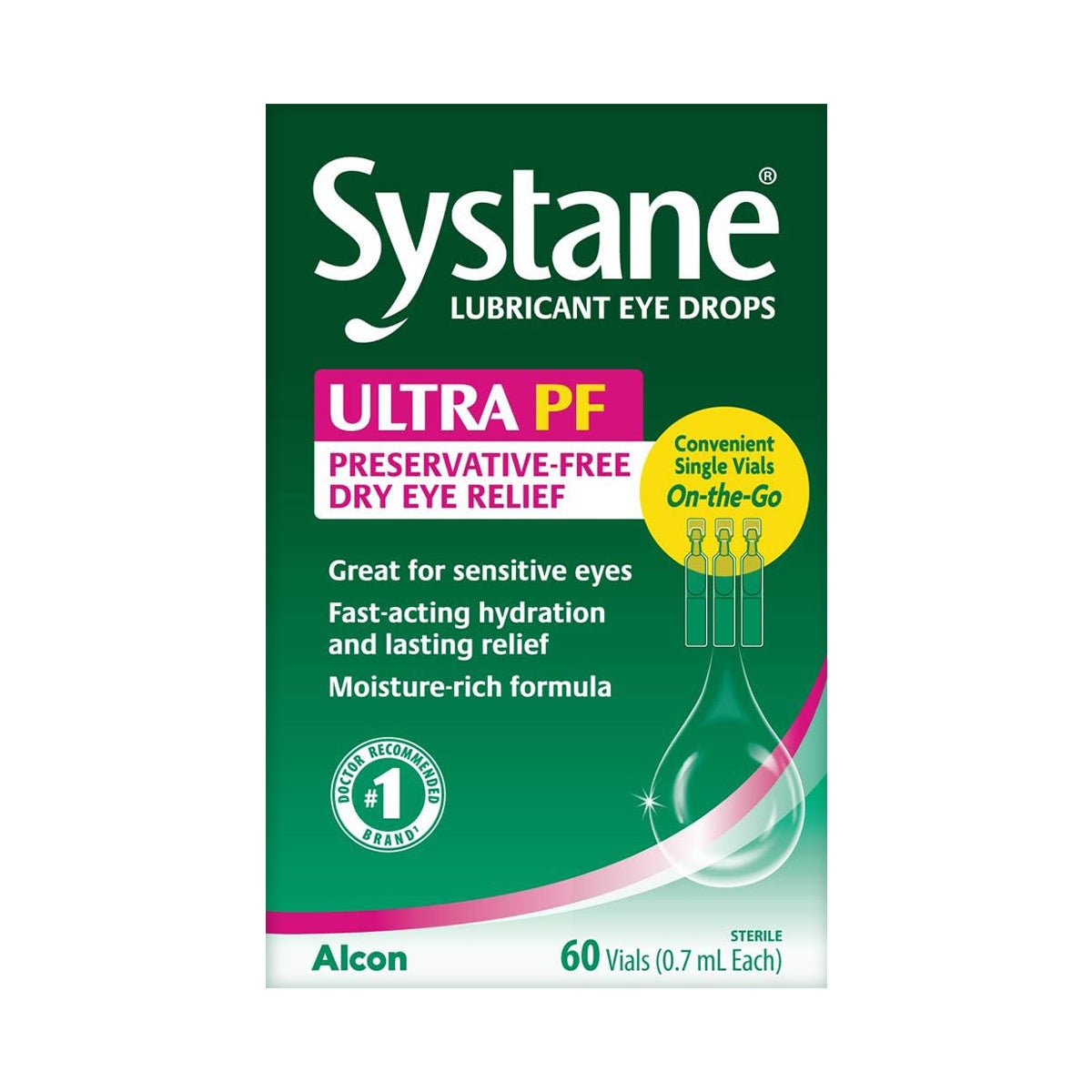 Image showcasing the Alcon Systane Ultra PF Preservative Free Dry Eye Drops box, highlighting Preservative-Free Dry Eye Relief and a convenient On-the-Go design. Contains 60 vials of 0.7 mL each with fast-acting, moisture-rich formula for optimal hydration.