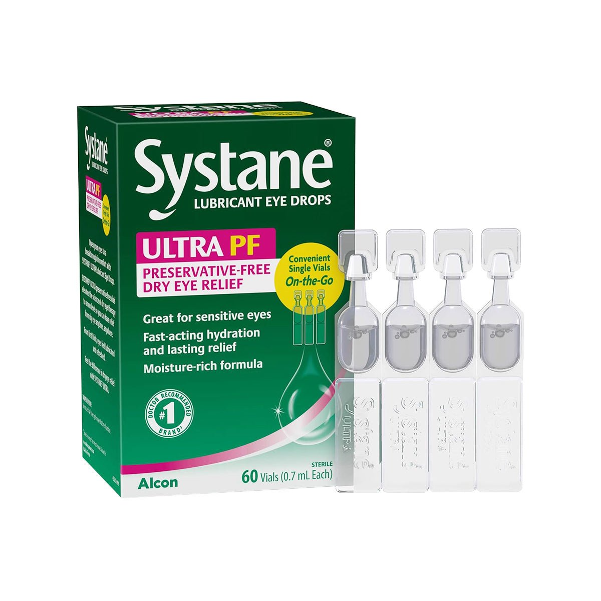 An image depicts a box of Alcons Systane Ultra PF Preservative Free Dry Eye Drops alongside four clear single-use vials. The product features green and pink packaging, offering preservative-free relief for dry eyes with the comfort of artificial tears.