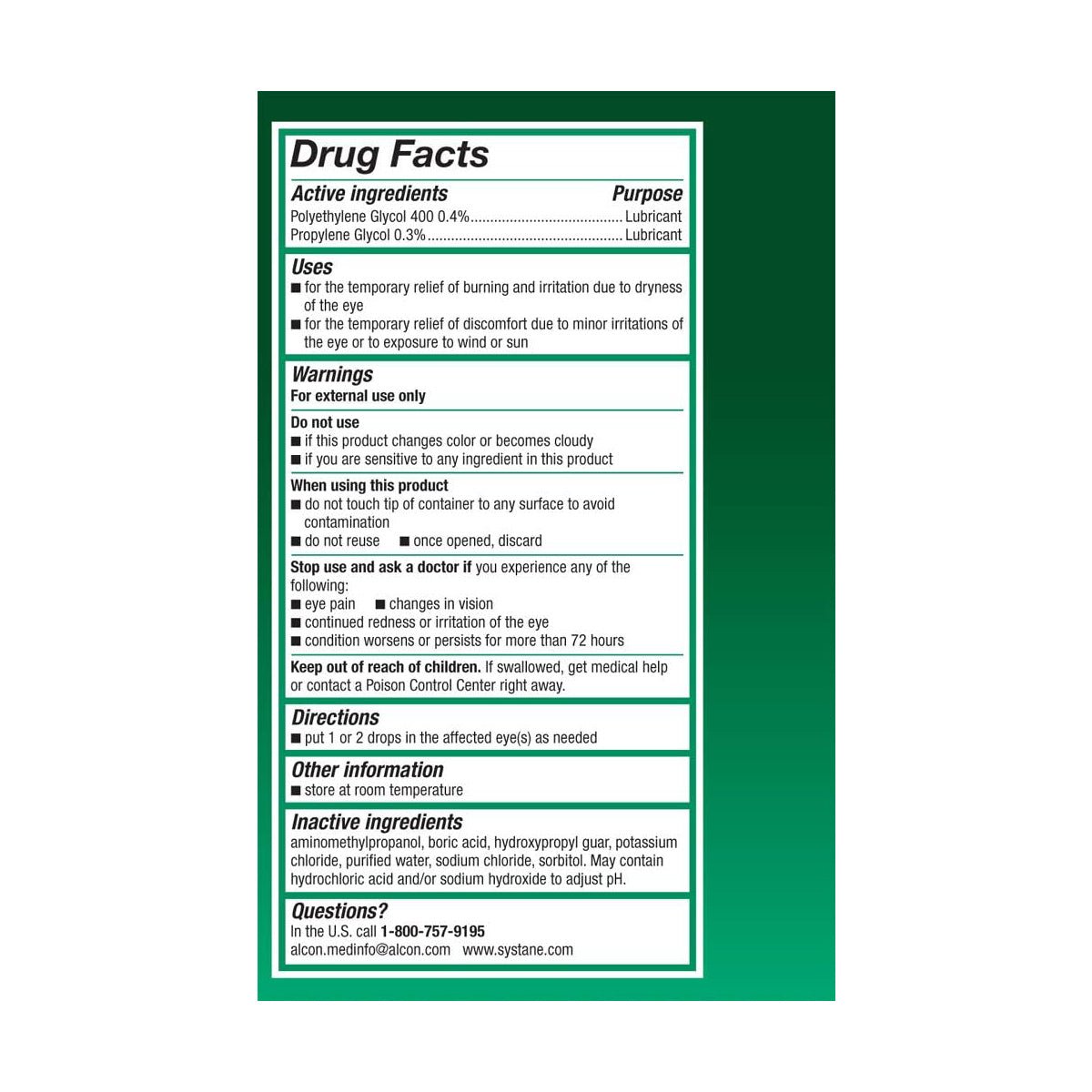 The green and white label of Systane Ultra PF Preservative Free Dry Eye Drops (60 Vials) by Alcon, titled Drug Facts, outlines active ingredients like polyethylene glycol and propylene glycol, along with uses, warnings, directions for dry eye relief. It includes contact details and storage instructions.