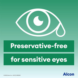 A large white eye with a tear is shown on a soothing green gradient background. Below, white text on green boxes reads: Preservative-free for sensitive eyes and dry eye relief. The Alcon logo is in the bottom right corner. Product: Systane Ultra PF Preservative Free Dry Eye Drops (60 Vials).