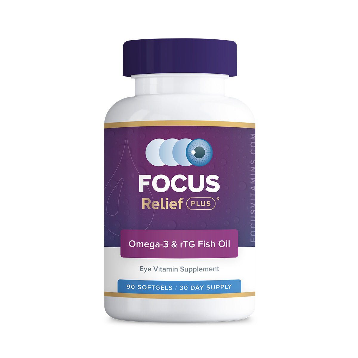 Focus Relief Plus by Focus Vitamins is an eye vitamin supplement containing Omega-3 and rTG Fish Oil to aid tear production. The bottle features 90 softgels for a 30-day supply, with a subtle design and blue eye graphic.