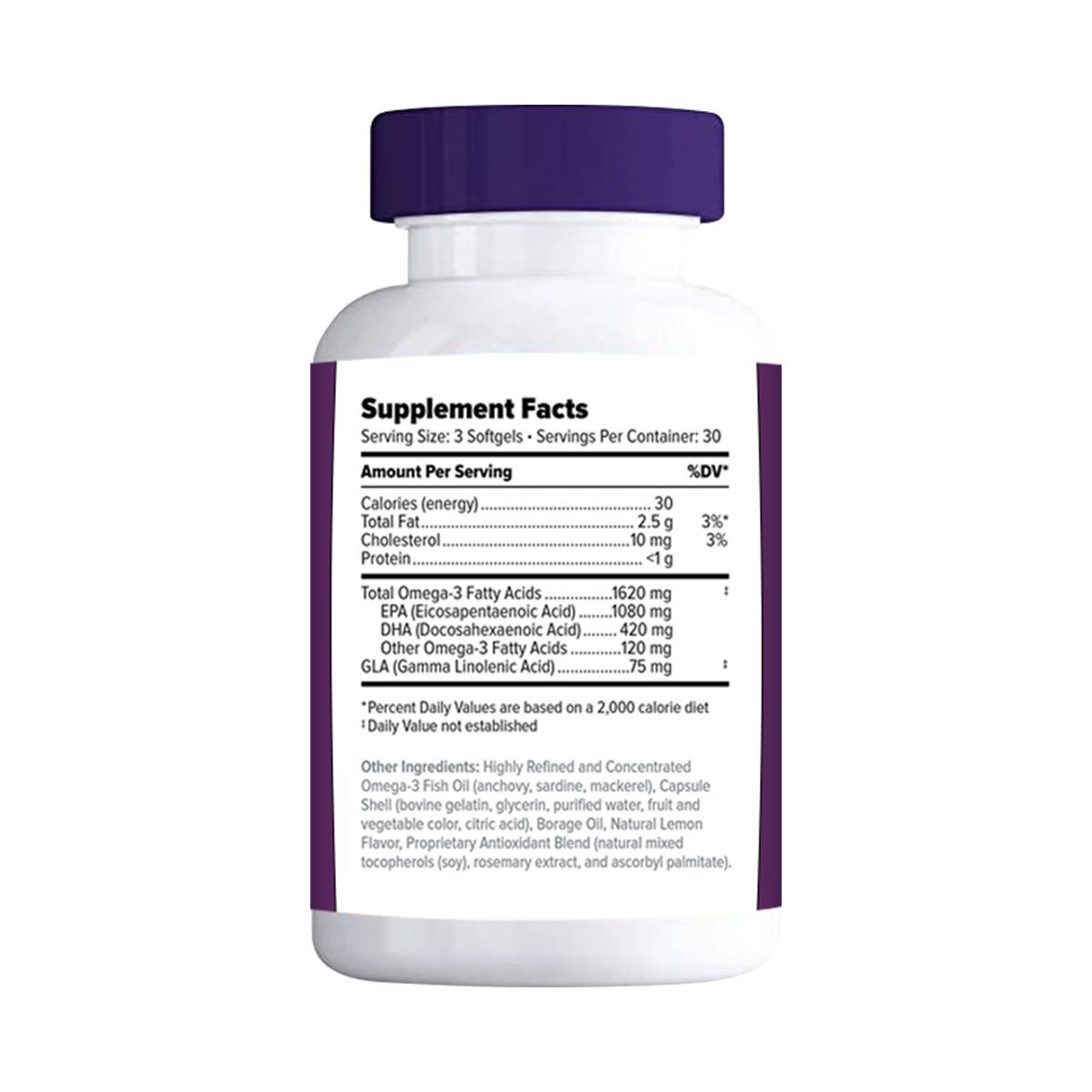 A white bottle labeled Supplement Facts with a purple cap, containing Focus Vitamins Focus Relief Plus Omega-3 Softgels, details nutritional information like caloric content, total fat, cholesterol, and various omega fatty acids for dry eye relief.