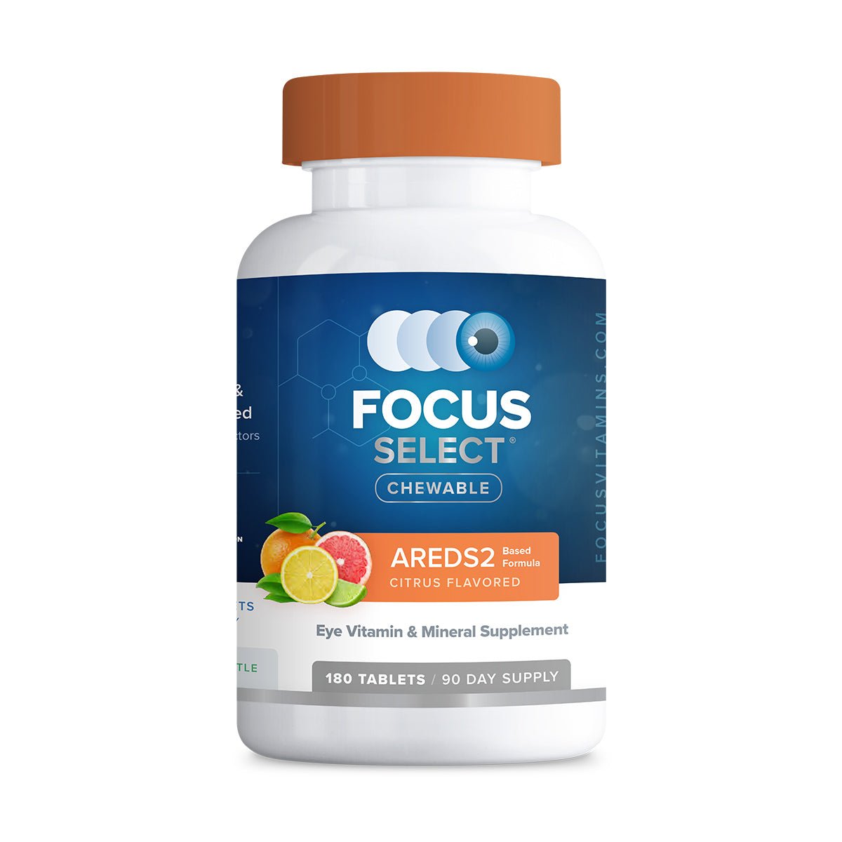 The Focus Vitamins Focus Select Citrus Chewable AREDS2-Based Formula, featuring an orange cap and vibrant citrus imagery, offers a 90-day supply of 180 tablets to support macular health with a refreshing citrus flavor.