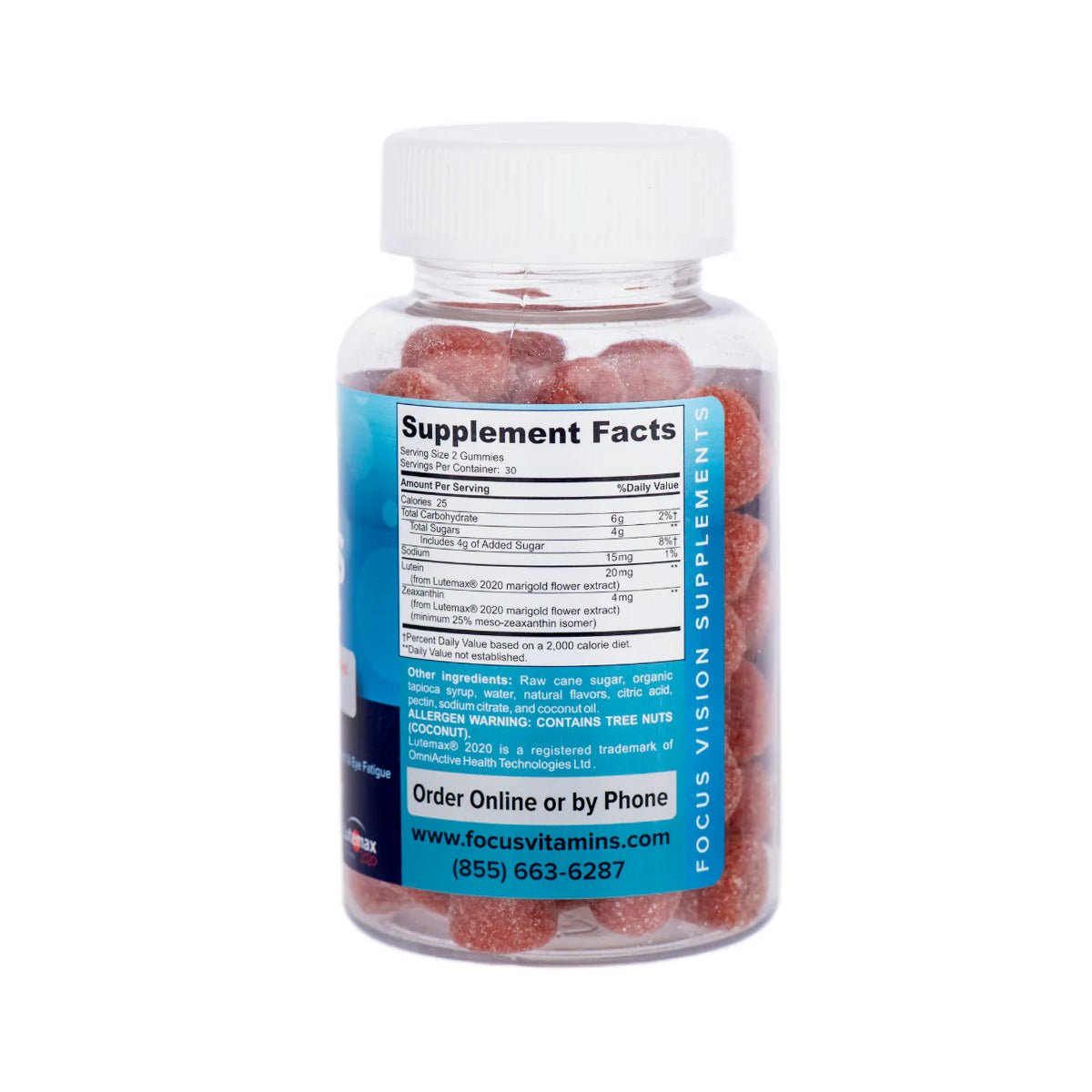 A plastic bottle labeled as Focus Blue Light Mango Flavored Gummies for eye health features lutein and zeaxanthin. It includes supplement facts, nutrition info, a website URL, and a phone number for ordering. From the brand Focus Vitamins, it is a 60-count one-month supply.