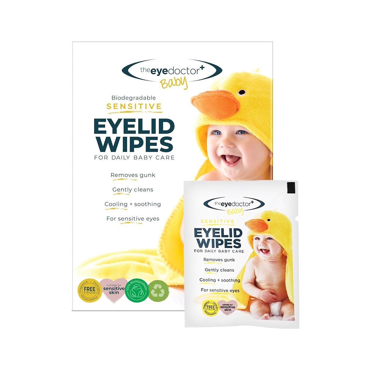 The Eye Doctor Sensitive Baby Eye Wipes packaging shows a baby in a yellow duck towel and highlights biodegradable, preservative-free wipes that gently clean and soothe sensitive eyes for cooling comfort. Available in a pack of 20 wipes.