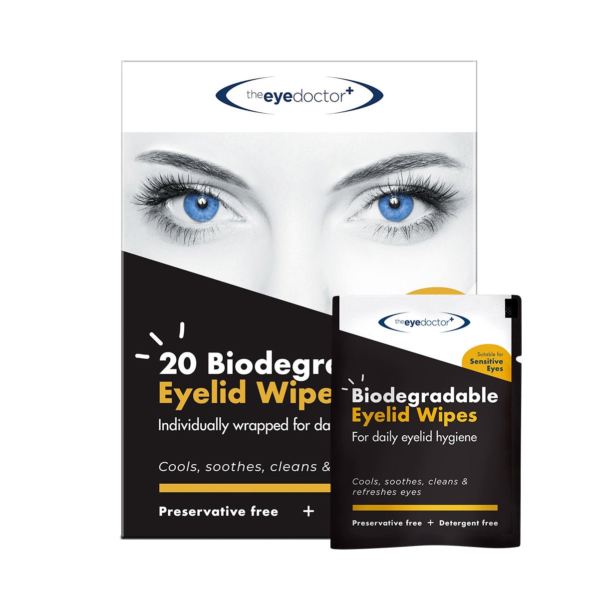 The Eye Doctors Biodegradable Eyelid Wipes for Eyelid Cleaning 20ct feature packaging with a womans eyes above the brand name, highlighting their preservative and detergent-free formula. Ideal for daily hygiene, they provide cooling and cleansing benefits for sensitive eyes.