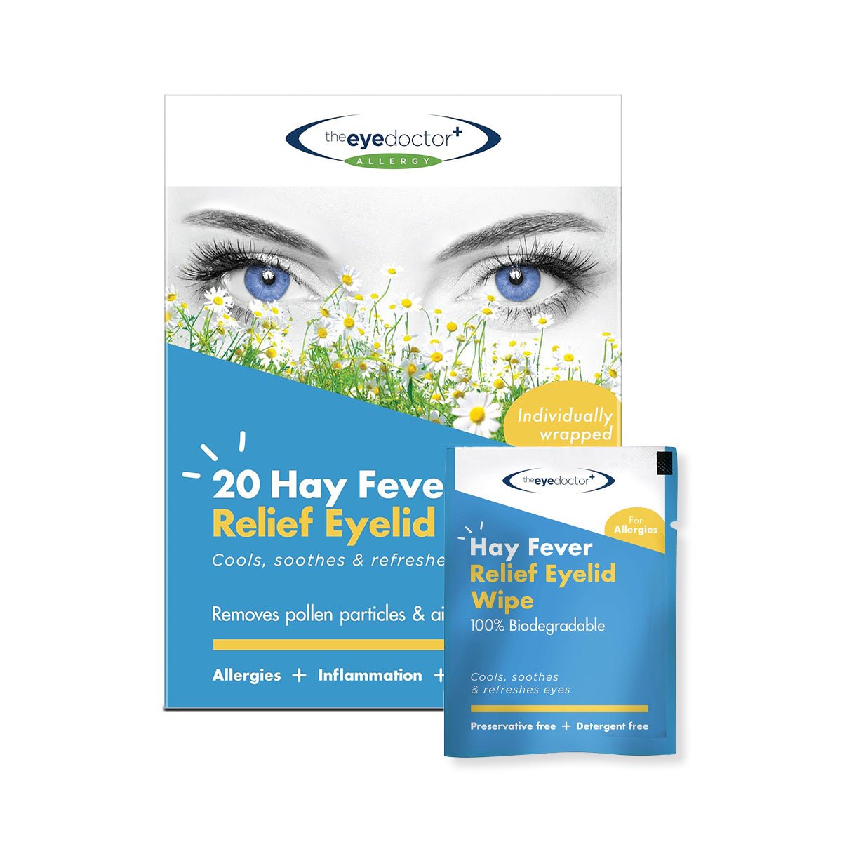 The Eye Doctor Allery/Hay Fever Relief Eyelid Wipes (20ct) packaging beautifully features a womans eyes above flowers, emphasizing biodegradable, preservative-free wipes for sensitive eyes and gentle, effective allergy relief.