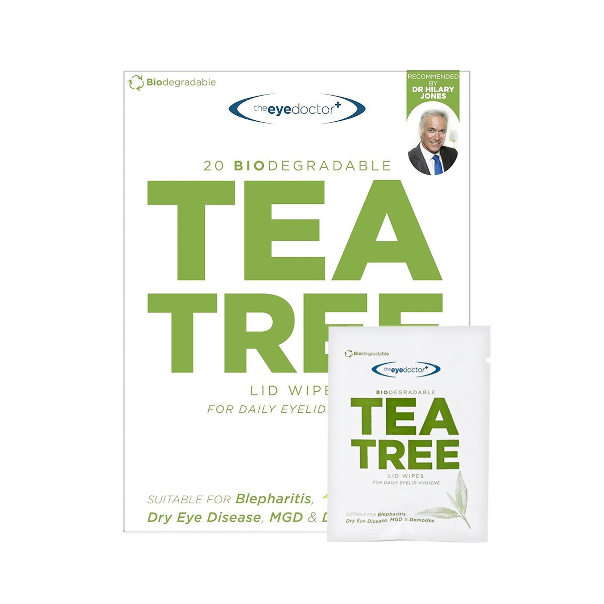 The Eye Doctor Tea Tree Oil Lid Wipes packaging showcases a person and green text promoting biodegradable wipes for blepharitis, eyelid hygiene, and dry eye care. A smaller packet also highlights relief for Dry Eye Disease.