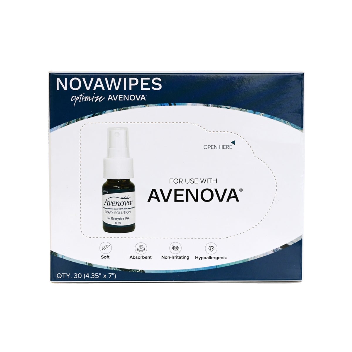 NovaBays NovaWipes pads, designed for use with Avenova Spray, come in a box with dimensions of 4.35” x 7” and contain 30 soft, absorbent, non-irritating, hypoallergenic eyelid wipes to relieve irritation. Box features an image of the Avenova spray bottle.