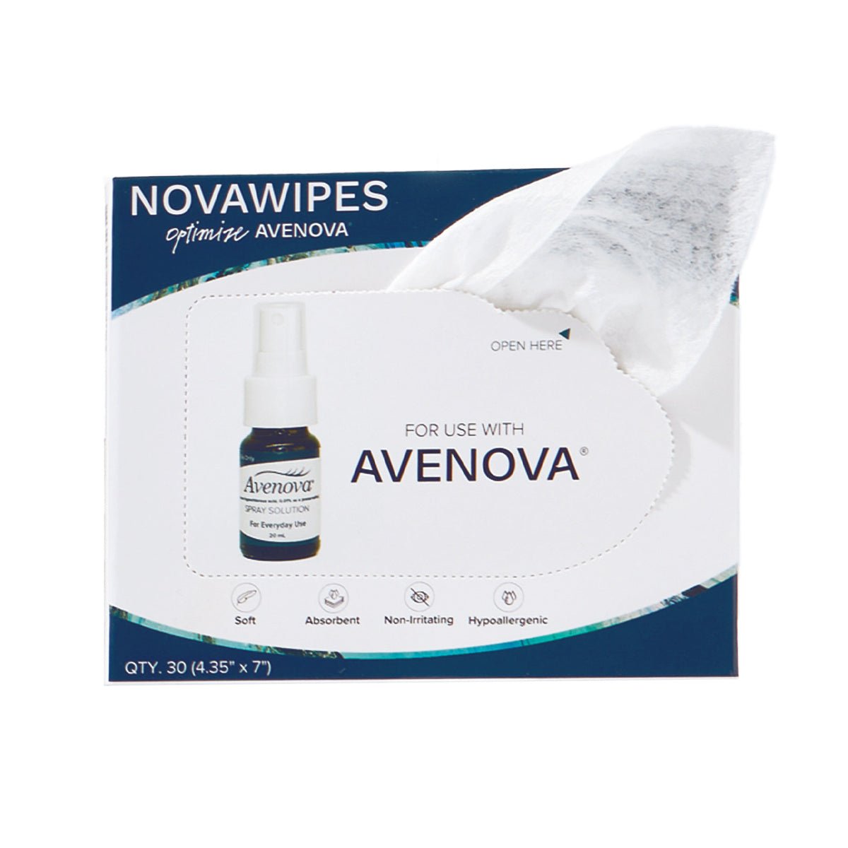 NovaWipes pads by NovaBay, ideal for soothing irritated eyelids, are designed for use with an Avenova Spray Bottle labeled Avenova Antimicrobial Eyelid Cleanser. These soft, absorbent, non-irritating, and hypoallergenic wipes come in a package of 30 with one partially pulled out.