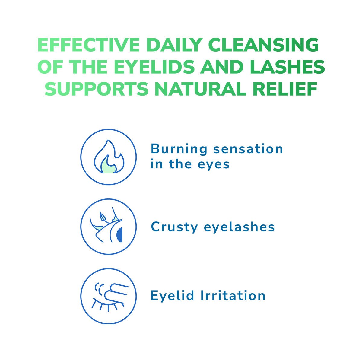 Text graphic header: Optase Daily Cleansing Gel Provides Natural Eye Relief. Icons: Burning sensation, Crusty eyelashes, and Eyelid irritation are alleviated with Optase Tea Tree Oil Eye Lid Cleansing Gel (50mL) for optimal eye hygiene, preservative-free.