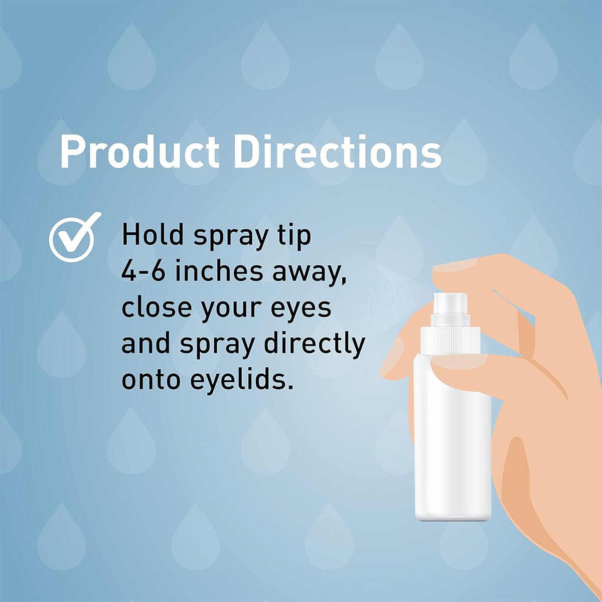 Illustration of a hand using Ocusoft Retaine Liposome Spray. Text: Directions: Hold 4-6 inches away, close eyes, spray on eyelids for optimal hydration. Background with subtle water droplet pattern featuring Liposome Technology by OCuSOFT.