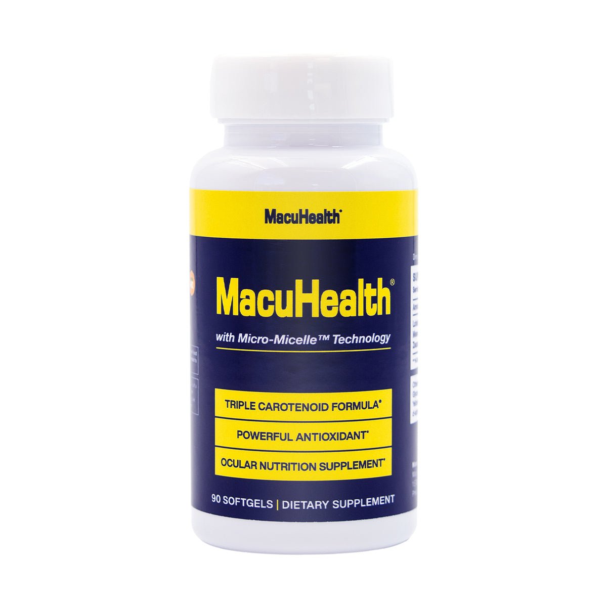 White bottle of MacuHealth Triple Carotenoid Formula for Adults featuring a blue and yellow label with Triple Carotenoid Formula, Powerful Antioxidant, and Ocular Nutrition Supplement. Includes 90 softgels packed with eye vitamins for macular pigment health, offering a 3-month supply.