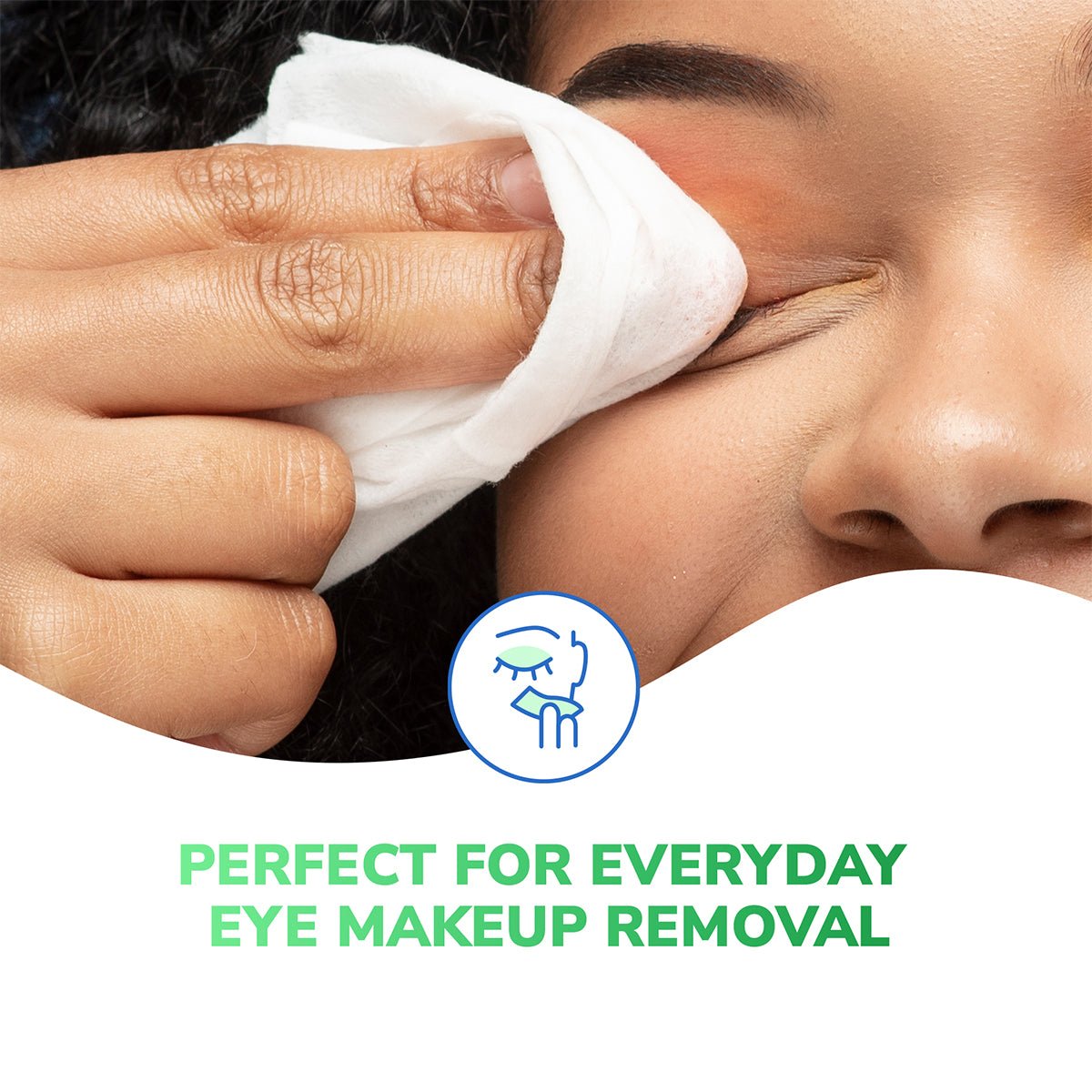 A person gently wipes one eye with a cotton pad or wipe. Text below reads, Perfect for everyday eye makeup removal and soothing cleansing, with an icon of an eye being wiped. Ideal for eyelid hygiene using Optase Tea Tree Oil Eyelid Wipes, preservative free, box of 20.