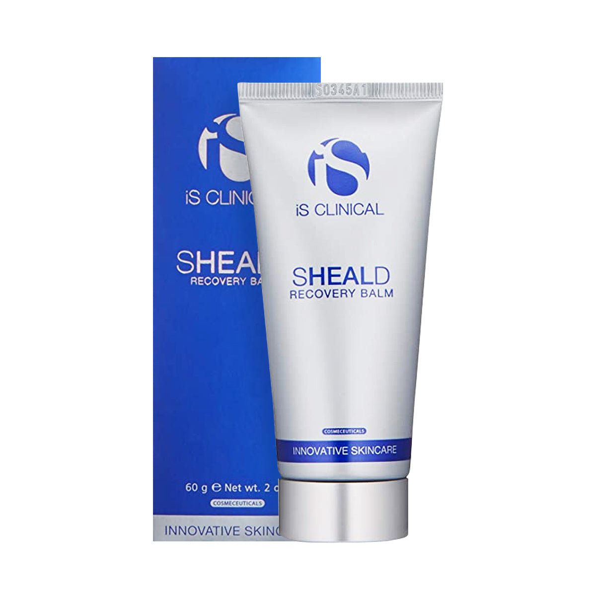 A 60g white tube of iS Clinical Sheald Recovery Balm, with blue text emphasizing Innovative Skincare and designed for sensitive skin, sits in front of its matching box. It offers hydration and focuses on environmental protection.