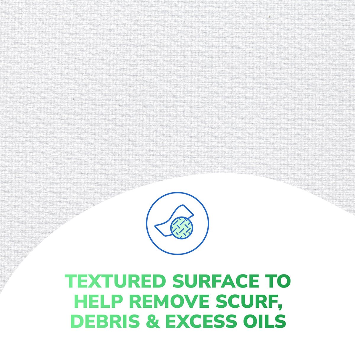 A close-up shows a textured white surface above a white semi-circle with a blue sheet and gear icon. Text below reads: TEXTURED SURFACE TO HELP REMOVE SCURF, DEBRIS & EXCESS OILS in green and blue lettering. Ideal for soothing cleansing, ensuring exceptional eyelid hygiene with Optase Tea Tree Oil Eyelid Wipes.