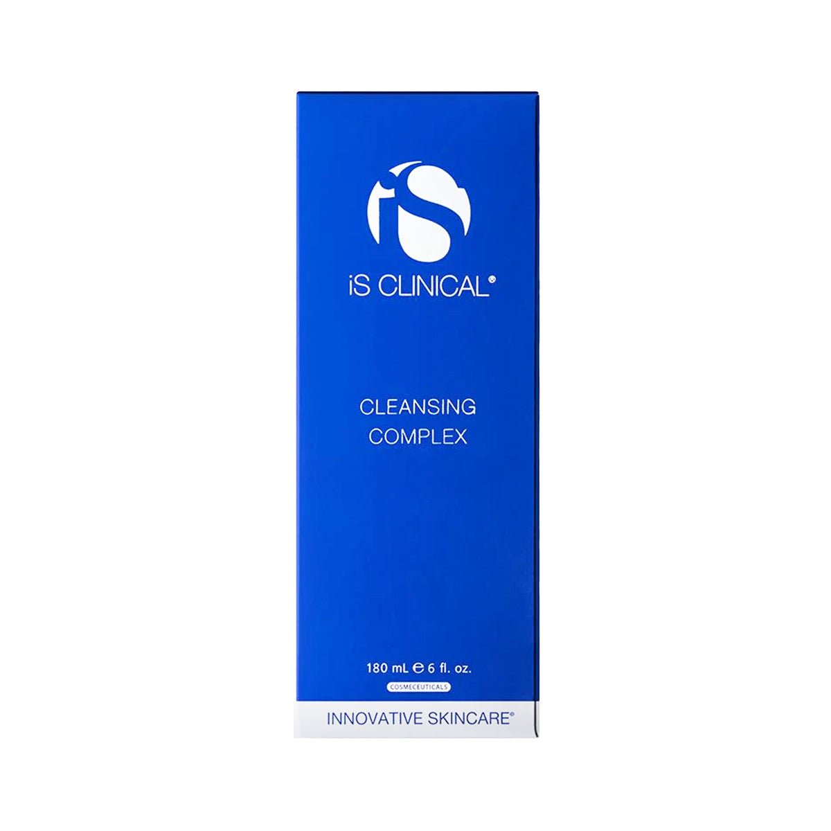 The iS Clinical Cleansing Complex comes in a blue rectangular box featuring the brand logo and Cleansing Complex text, designed for sensitive or blemish-prone skin. It contains 180 mL (6 fl. oz.) and ends with Innovative Skincare.