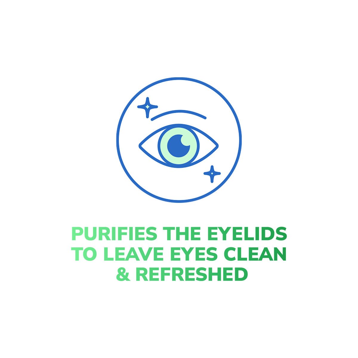 A sparkling eye icon is featured above the green and blue text, Purifies the eyelids to leave eyes clean & refreshed, for Optase Tea Tree Oil Eye Lid Cleansing Gel (50mL). This preservative-free formula ensures excellent hygiene, elegantly centered on a white background.