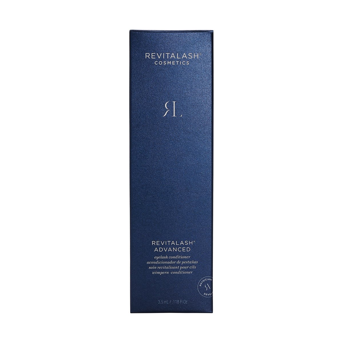 A tall, navy blue rectangular box with silver text reads RevitaLash. The lower part highlights RevitaLash Advanced Eyelash Conditioner and Enhancing Serum (3 Sizes) alongside product details. The design is sleek and minimalistic.