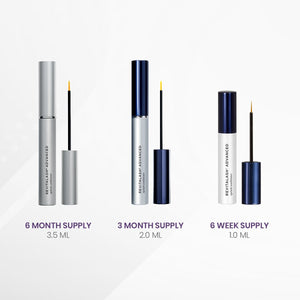 Three RevitaLash Advanced Eyelash Conditioner containers are shown: a 6-month supply (3.5 ml) with a silver cap, a 3-month supply (2.0 ml) with a blue cap, and a 6-week supply (1.0 ml) with a dark blue cap, all against a white background for an enhanced eyelash experience.